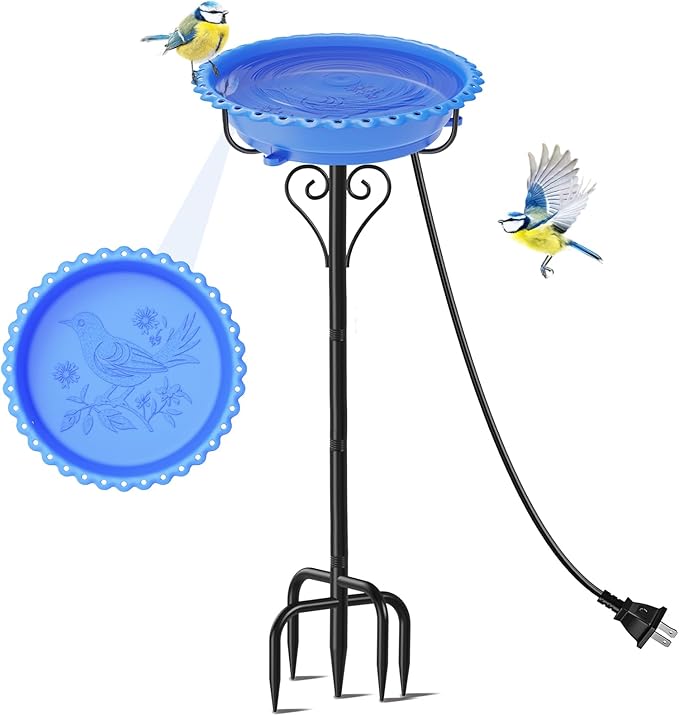 Heated Bird Bath for Outside Winter, Powerful 100W Thermostat Control Water Heated BirdBaths Bowl for Outdoors with 5-Prong Metal Base Heated Bird Bath for Garden Patio Yard Lawn (Blue)
