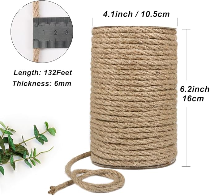 Vivifying 6mm Jute Rope, 132 Feet Strong Natural Jute Twine for Crafts, Cat Scratching Post, Garden Plants, Bundling and Hanging (Brown)