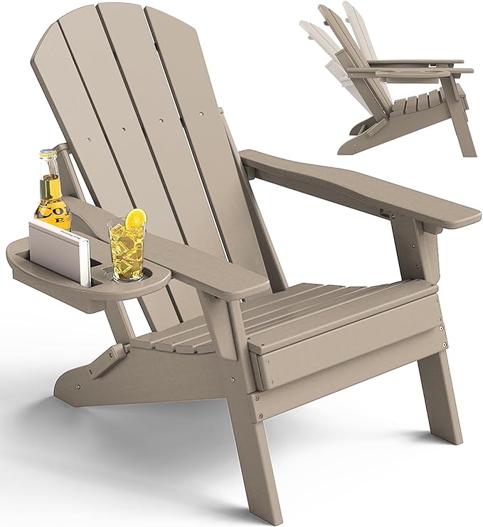 Adjustable Adirondack Chair with Cup Holder, All Weather HDPE Fire Pit Chairs for Deck, Backyard, Patio, Brown