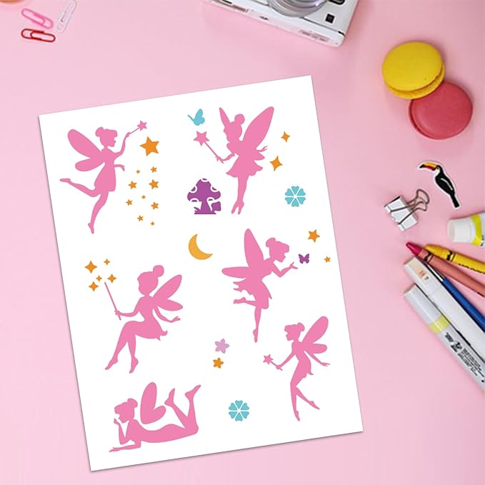 MAYJOYDIY 6pcs Fairy Stencils Little Fairy Drawing Painting Stencils Dreamy Mushroom Butterfly Moon Star Flower Template 6×6inch with Paint Brush Wall Art DIY Home Decor