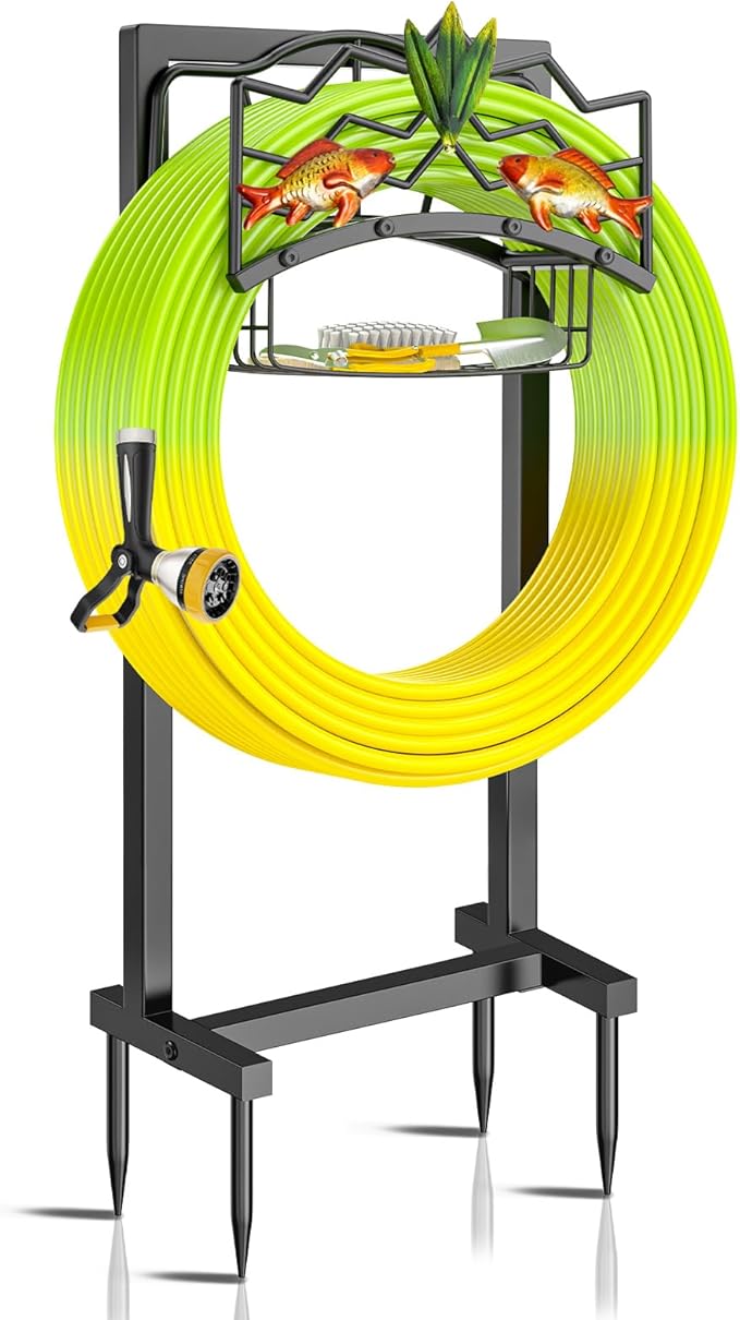 Garden Hose Holder, Heavy Duty Metal Water Hose Holders Stand with 4 Spikes, Freestanding Outdoor Water Pipe Storage Rack Hanger 150ft for Outside Yard Lawn Decor