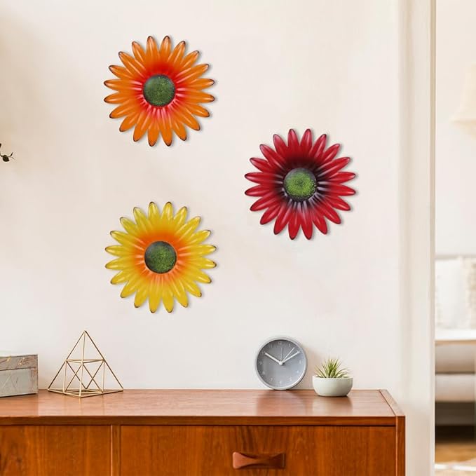 hogardeck Metal Flower Wall Decor - 3 Pcs 9" Outdoor Wall Art Backyard Decorations Hanging for Kitchen, Living Room, Bathroom, Garden