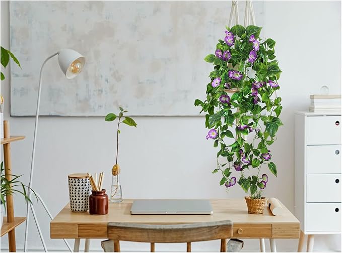 FERIAL Artificial Vines 15Feet Silk Flower Garland for Outdoors Purple Morning Glory Vine Artificial Flowers Hanging Plants Garland Fake Green Plant 2Pcs for Wall Fence Indoor Wedding Banquet Decor