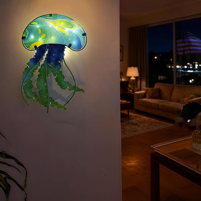 LIFFY Jellyfish Decor Ocean Nautical Beach Wall Decor Fish Wall Art Outdoor Indoor Hanging Jellyfish with LED Fairy Lights for Patio,Garden,Yard,Pool,Beach,Home Gift