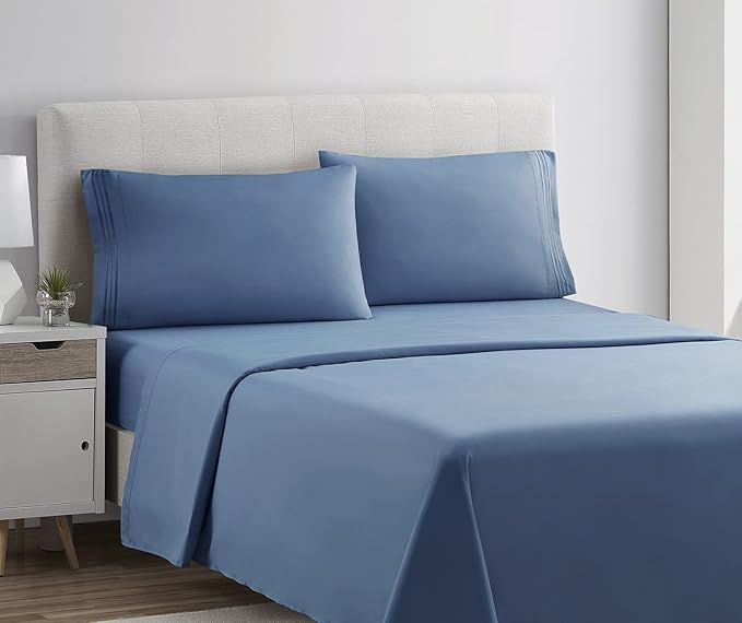 Clara Clark Bed Sheets, Premier 1800 Series 4 Piece Bed Sheet Set, Deep Pocket, Wrinkle, Fade, Stain Resistant, Luxury Soft Bedding Sheets & Pillowcases, King, Blue Heaven