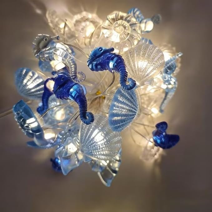 Ocean Decor String Lights Nautical Theme Seashell Seahorse Conch 6.5 ft 20 LED Battery Operated String Lights for Holiday Camping Wedding Christmas Tree Decor (Shell Stars, 6.5FT)