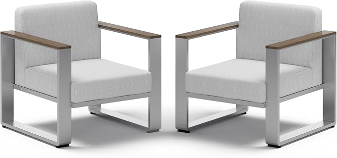 2 Pieces Outdoor Aluminum Armchair, Modern Patio Patio Furniture with Wide Seat and Thick Cushions, All-Weather Oversized Couch for Deck, Porch