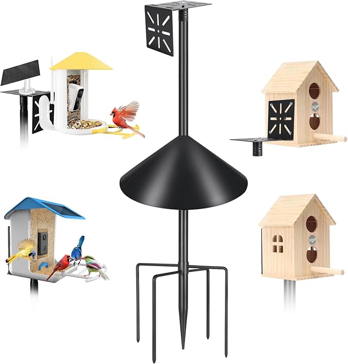 Smart Bird Feeder Pole with Squirrel Baffle & Bath-Heavy Duty Adjustable 3-6.6ft Universal Stand Mount for Backyard&Outdoor Bird Houses/Cameras (80" Pole-Baffle)