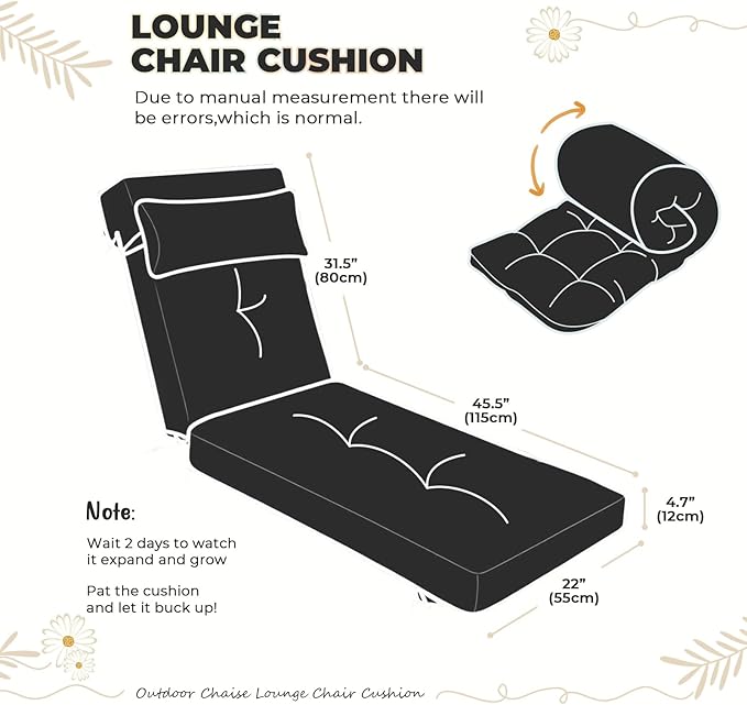 Waterproof Lounge Chair Cushion Outdoor for Chairs, Fade Resistant Chaise Lounger Replacement Cushions with 6 Ties, Thickened Memory Foam Pool Lounge Chair Cushions, 76 x 22 x 4.7 Inches, Black