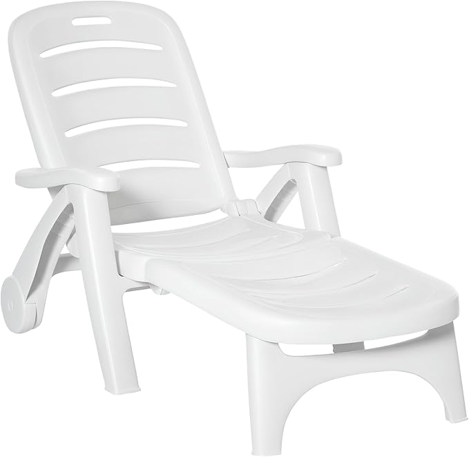 Outsunny Outdoor Chaise Lounge, 5 Level Adjustable Backrest Lounge Chair with Wheels, Folding Tanning Chair for Pool, Beach, Patio, Garden, White