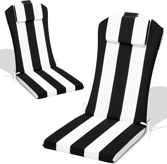 Crestlive 50x20 Inch Adirondack Chair Cushion with Headrest, Water Repellent, Fade Resistant, High Back Outdoor Rocking Chair Cushion for Patio, Black White Stripe