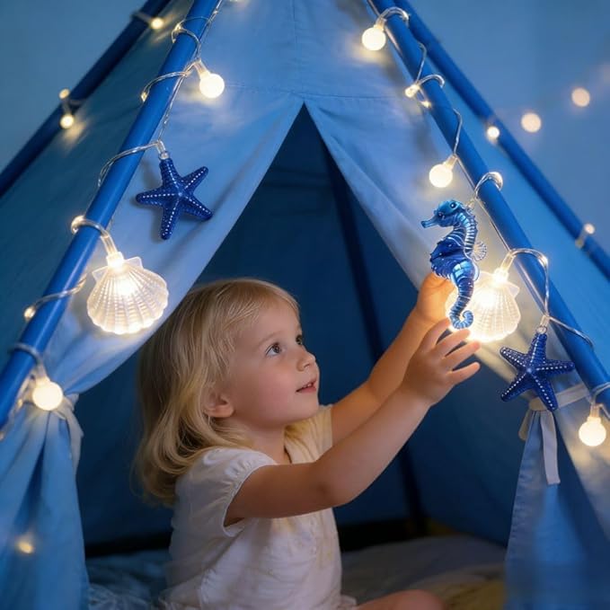 Ocean Decor String Lights Nautical Theme Seashell Seahorse Conch 6.5 ft 20 LED Battery Operated String Lights for Holiday Camping Wedding Christmas Tree Decor (Shell Stars, 6.5FT)