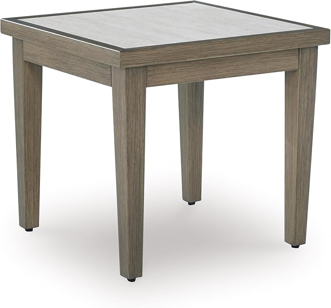 Signature Design by Ashley Rainier Ranch Contemporary Sintered Stone Tabletop Outdoor End Table with 4 Legs, Light Brown & Beige