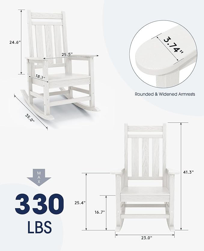 KINGYES Outdoor Rocking Chair Set of 4, All-Weather Patio Rocking Chairs for Porch, HDPE Rocking Outdoor Chairs with High Back for Adult, Heavy Duty Outdoor Patio Rockers for Garden, Lawn, White