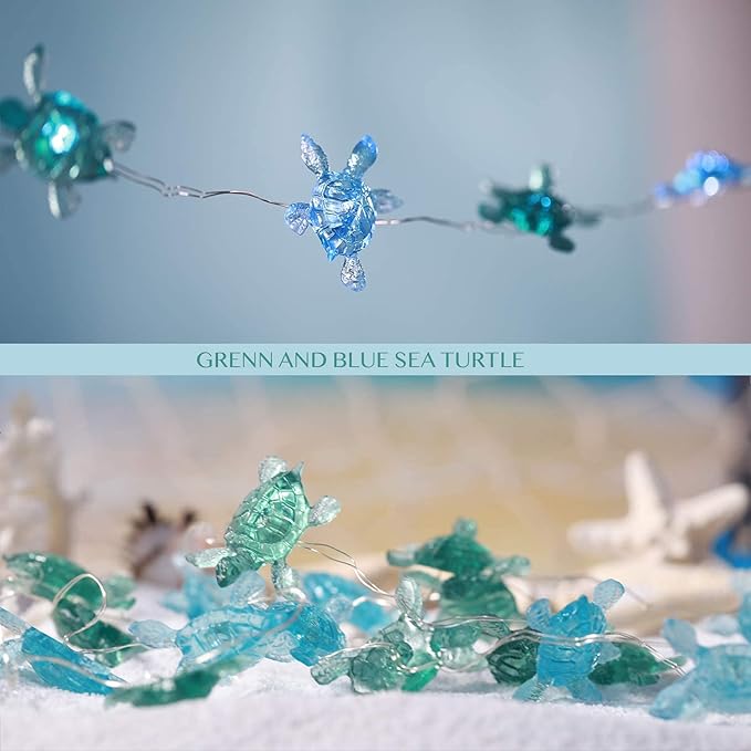 Blue Sea Turtle String Lights Battery Powered Summer Beach Decor with Remote Acrylic Sea Turtle Decor for Bathroom Shower Curtain