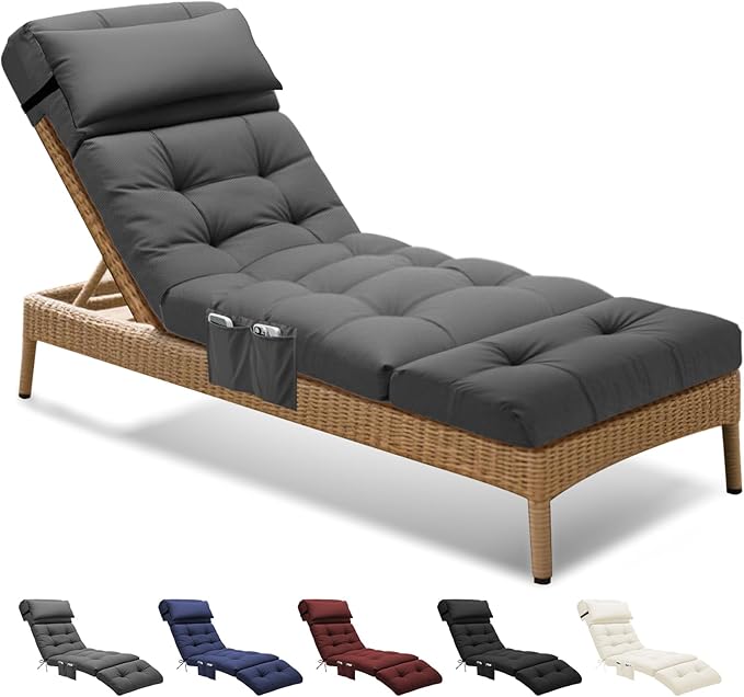 Outdoor Chaise Lounge Chair Cushion Waterproof 74.4 x 22 x 4.7 Inches Lounge Chair Cushions Thickened for Outdoor Furniture with Headrest and Pocket, Replacement Pool Lounge Cushions, Grey