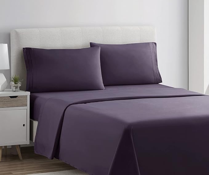 Clara Clark Bed Sheets, Premier 1800 Series 4 Piece Bed Sheet Set, Deep Pocket, Wrinkle, Fade, Stain Resistant, Luxury Soft Bedding Sheets & Pillowcases, Twin, Purple Eggplant