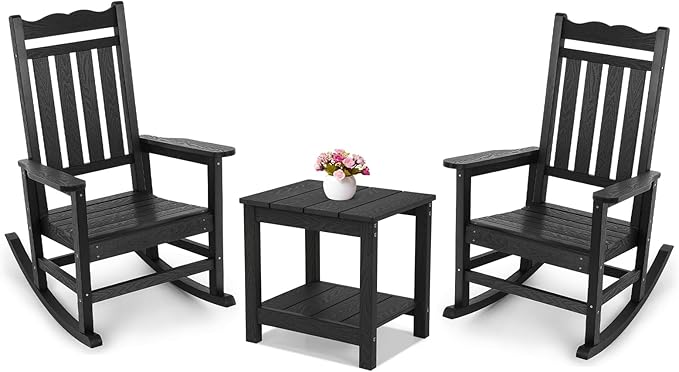 Stoog 3-Piece Oversized Rocking Chairs Set of 2 with Table, Outdoor Rocking Chair with 400 lbs Weight Capacity, All-Weather Porch Rocker for Backyard, Lawn, Patio, Garden and Indoor, Black