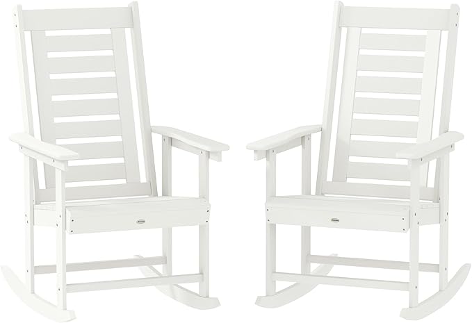 Outsunny Outdoor Rocking Chairs Set of 2, HDPE Patio Rocking Chairs with 28" High Back and Wide Armrests, All-Weather Slatted Porch Rockers for Garden, Balcony, Fire Pit, White