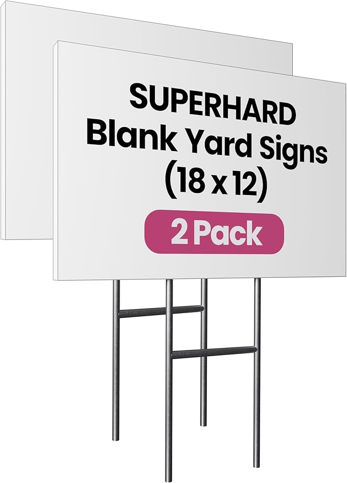 PartyPrints 2 Pack 18 x 12 White Blank Yard Signs with Metal Stakes, Waterproof Corrugated Plastic Signs for Rent, Sale, Party, Birthdays, DIY, Event, Advertising, Garden, Blank Lawn Signs for Outside