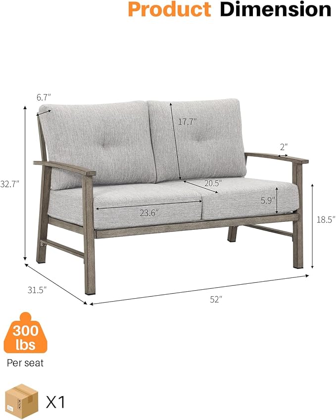 Patio Furniture Loveseat Sofa, Outdoor Aluminum Couch with 5.9'' Soft Cushion, All-Weather Outdoor 2 Seats Patio Furniture Sofa Couch for Garden, Poolside, Lawn, Limed Oak
