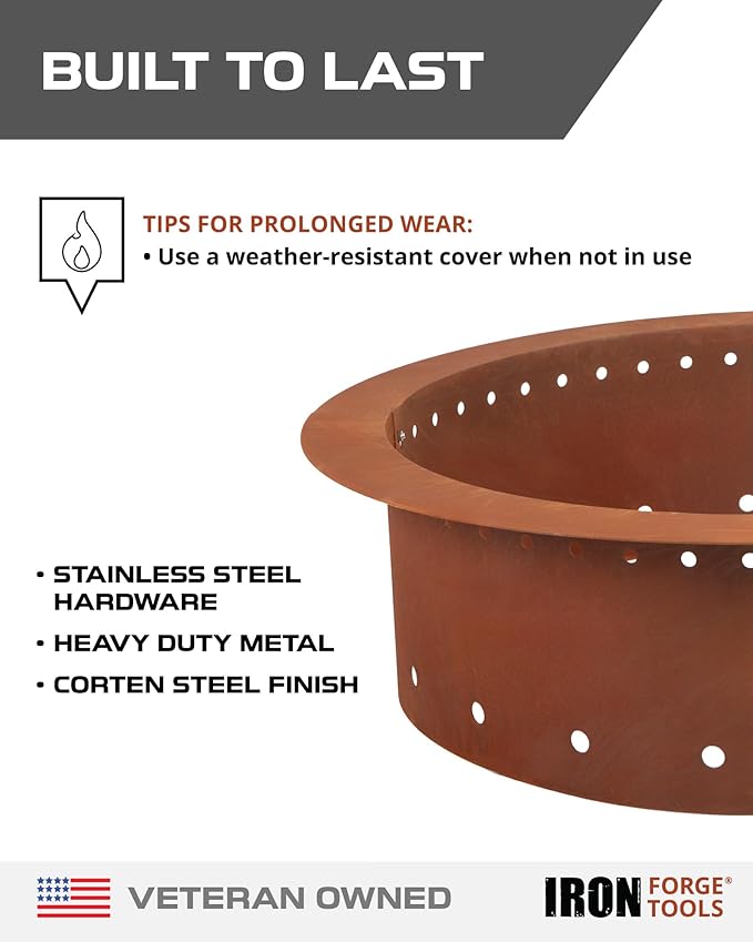 Heavy Duty Metal Smokeless Permanent Fire Pit Ring 36 inch Outer/30 inch Round Fire Pit Insert Liner for Outdoor, Firepits for Outside Corten Steel (36x30x10), Patent Pending