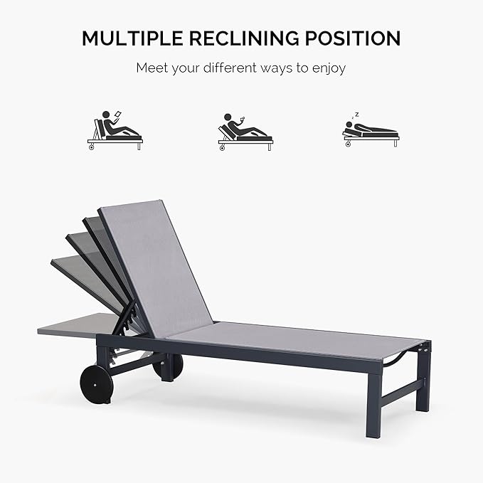 PURPLE LEAF Outdoor Chaise Lounge with Wheels for Outside 4 Pieces Aluminum Patio Lounge Chair with 5 Adjustable Position Recliner for Patio Beach Yard Pool Side Table Included Light Grey