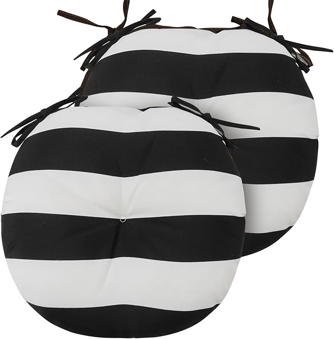 Bistro Chair Cushions 15 inch,Set of 2,Tufted Round Chair Cushions with Ties,15"x15"x4",Water Resistant Round Seat Cushion for Barstool Chairs,Patio Garden Kitchen Outdoor Furniture(Black White)