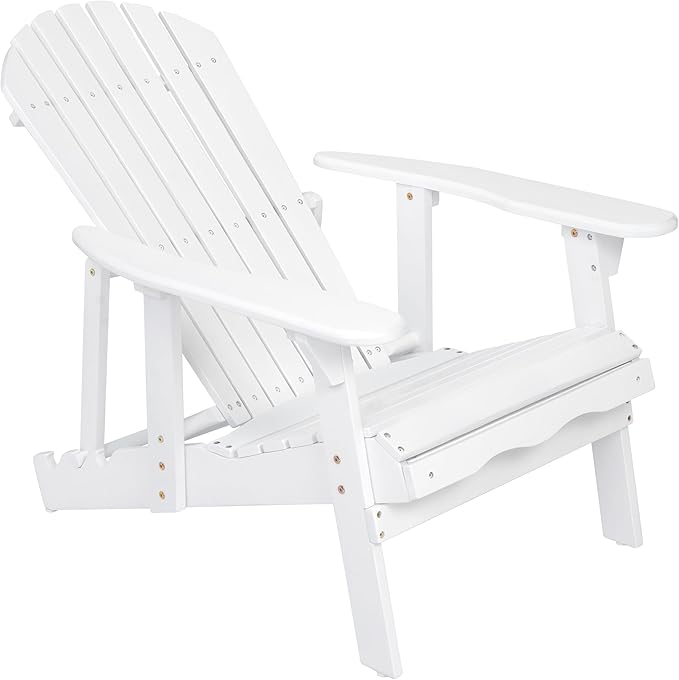 Merax Folding Adjustable Acacia Wood Adirondack Chairs, Water Proof with Retractable Ottoman Outdoor Wooden Lounge Reclining Chair for Garden, Patio, White