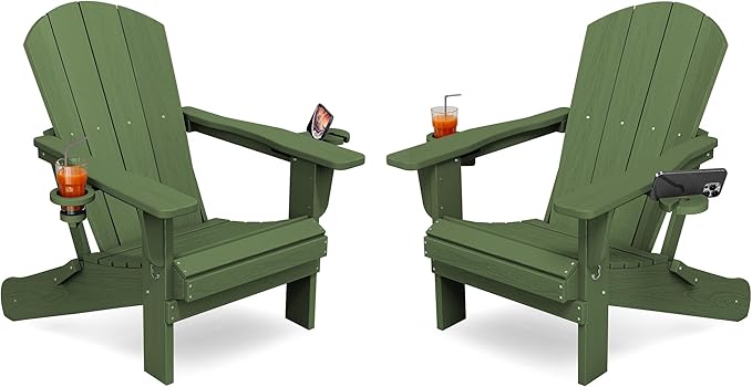 KINGYES Folding Adirondack Chair Set of 2, Dual Cup Holders & All-Weather HDPE, Wood-Like Patio Chair for Backyard, Camping, Pool & Fire Pit, Avocado Green