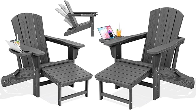KINGYES Folding Adjustable Adirondack Chair with Ottoman & 2 Cup Holders Set of 2, HDPE Adirondack Recliner Chair with Footrest, Grey
