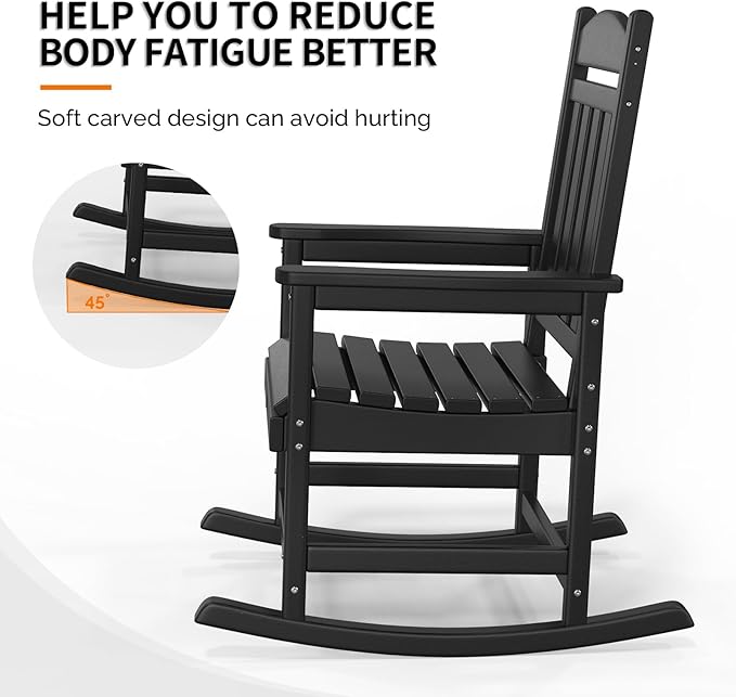 VINGLI Outdoor Rocking Chair Set of 2, HDPE Rocking Chair with Higher Backrest, All Weather Rocker for Garden, Yard, Balcony, Black