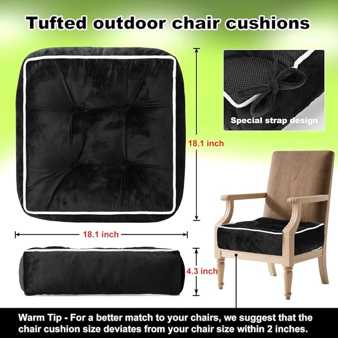 ERWUDEling Set of 2 Tufted Waterproof Outdoor Chair Cushions - 19x19x5 inchThick Patio Seat Pads with Ties for Lawn, Wicker & Garden Furniture,Black