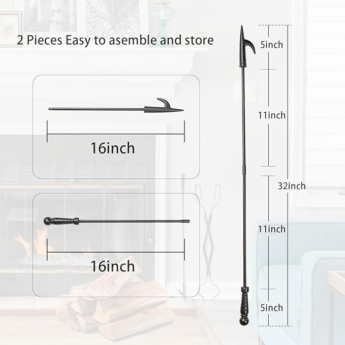 2Pcs Fire Poker and Fire Tongs Set, 32 inch Long Fireplace Poker Stick and 25 Inch Campfire Fireplace Tongs, Log Grabber Fire Pit Tools for Fireplace Wood Stove, Campfire, Bonfires, Indoor & Outdoor