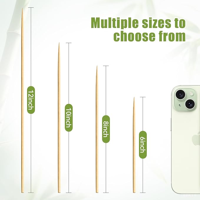 200PCS 12 inch Bamboo Skewers for BBQ,Appetizer,Kabob,Fruit,Cocktail,Chocolate Fountain,Grilling,Kitchen, Crafting and Party. More Size Choices 6"/8"/10"/12"/36"