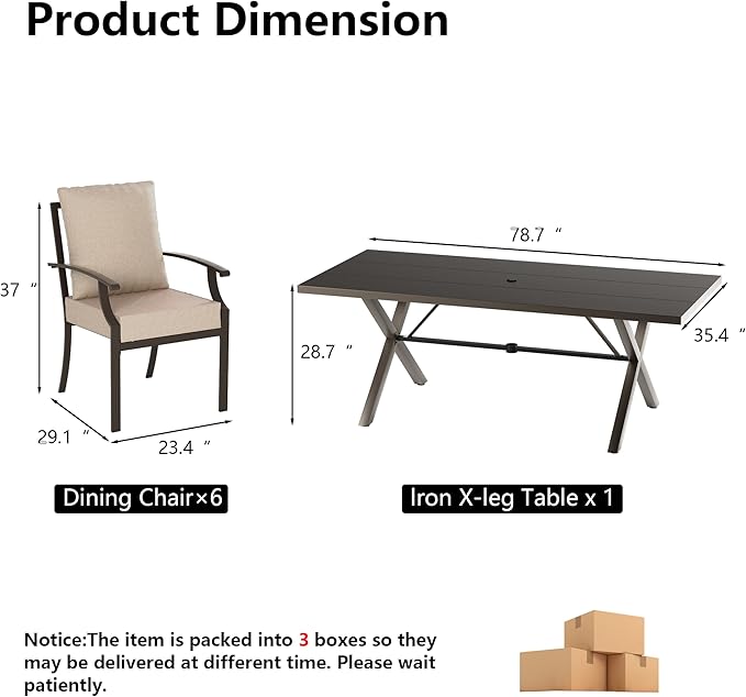 Kullavik 7 PCS Outdoor Dining Table Set for 6,Fence Pattern Back Chairs,Iron Longboard X-Leg Table w/Parasol Hole,Patio Furniture Set for Backyard,Garden,Poolside-Sand