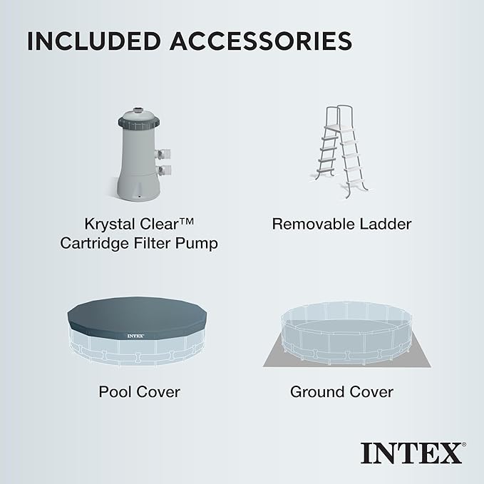 INTEX 26725EH Prism Frame Premium Above Ground Swimming Pool Set: 15ft x 48in – Includes 1000 GPH Cartridge Filter Pump – Removable Ladder – Pool Cover – Ground Cloth