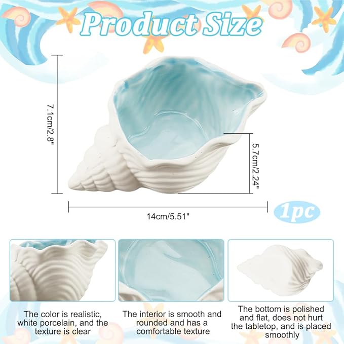 NBEADS Conch Shape Ceramic Jewelry Tray, Aqua Shell Trinket Dish Ceramic Ring Earring Holder Ocean-themed Decorative Trinket Plate for Rings Earrings Necklaces Bracelet Jewelry Watch Keys