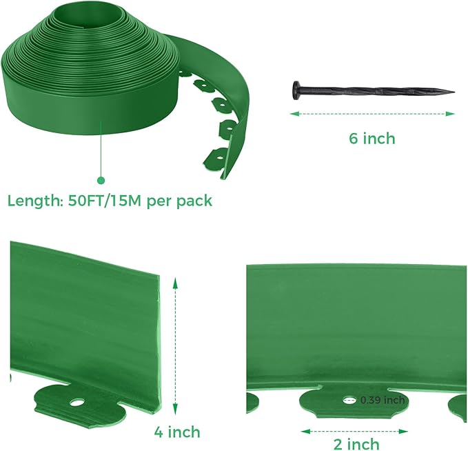 4-Inch x 50 FT Landscape Edging Border with 75 Spikes, Garden Edging Lawn Border Kit, Plastic Edging Border Flexible for Garden Flower Beds Lawn Yard Pathway Paver Edging (Green)