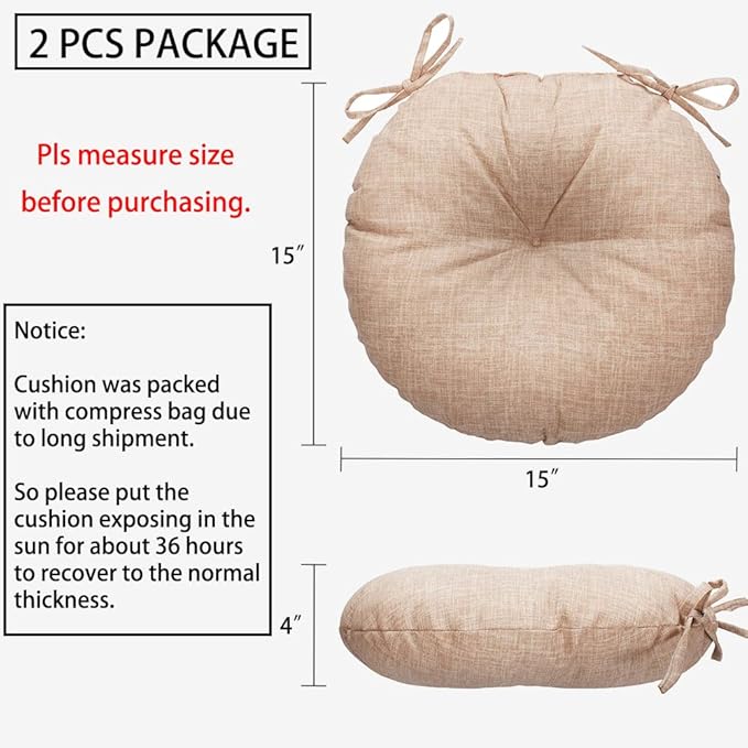 Magpie Fabrics Outdoor Round Bistro Seat Cushions with Ties, 15"x15"x4" Set of 2, Tufted Waterproof Barstool Chair Pads for Patio Home Garden Office, Light Brown Textured