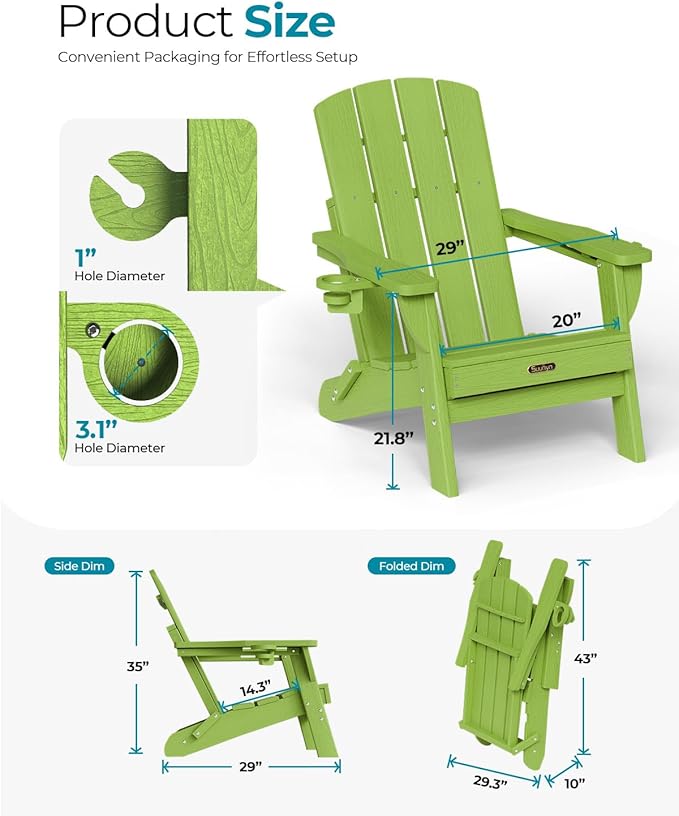 Folding Adirondack Chair, HDPE All-Weather Fire Pit Chairs, Plastic Adirondack Chairs with 2 Cup Holder, Outdoor Lawn Chair for Patio Garden (Light Green)