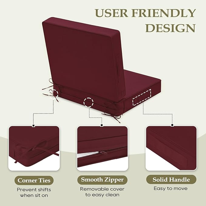 Wellsin Outdoor Cushions for Patio Furniture, Waterproof Outdoor Seat Cushions with Ties and Handle, 22X22 Outdoor Cushions, Outdoor Deep Seat Cushions with Removable Cover, Burgundy
