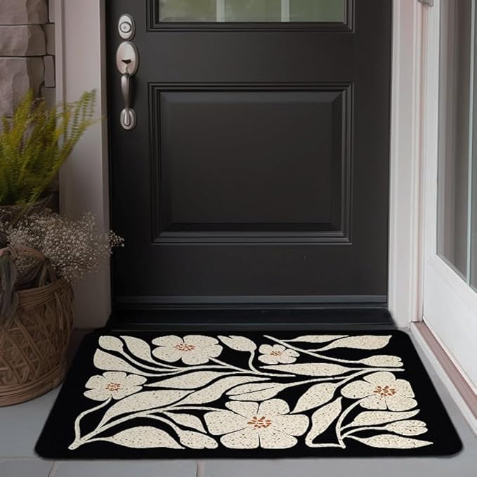 Boho Beige and Black Floral Door Mat - Bohemian Neutral Floral Front Door Welcome Mats Outdoor Entrance, 17x30 Rug