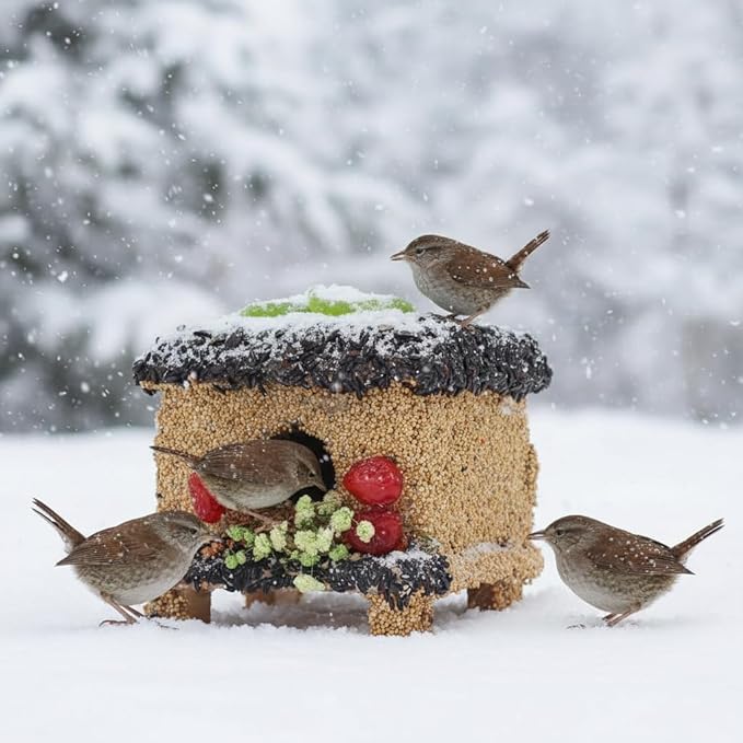 Seeded Birdhouse for Outside with Fruit, Wooden Bird House for Wren, Finch, Bluebird,Cardinal, Hanging Seeded Birdfeeder, Bird Seeds Decorated Weather Proof, More Fun Birding (Villa)