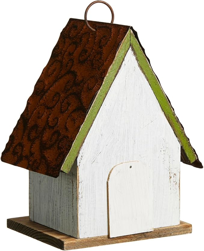 Glitzhome Bird Houses for Outside, Blue Bird Houses for Outdoors, 8.25" H Solid Wood Decorative Hanging Bird House Distressed Cottage Outdoor Garden Birdhouse with 3D Metal Roof and Flower