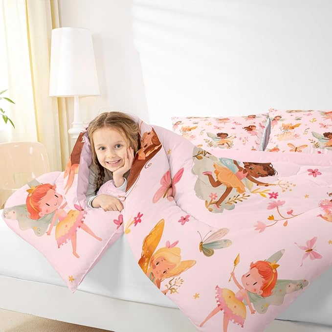 Erosebridal Pink Fairy Queen Comforter Set - Butterfly Floral Cute Bedding Sets for Girls Kids, Fairies Garden Flowers Bed Set | Aesthetic Flower Princess Room Decor with 2 Pillowcases
