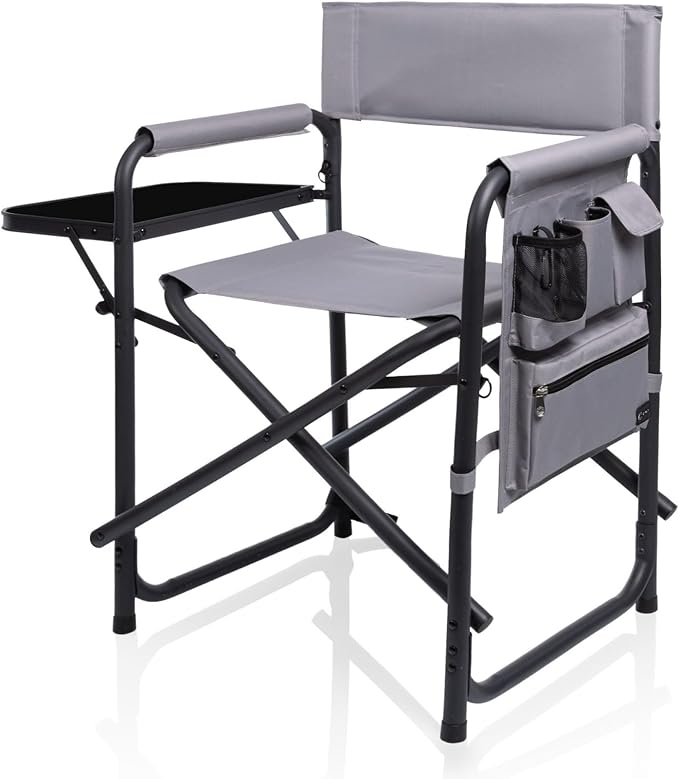 Picnic TIME Sports Chair with Side Table, Outdoor Foldable Padded Adult Camping Chairs with Cup and Accessory Panel for Lawn, Beach, & Sports Use for Adults, up to 300-lbs Capacity, (Gray)