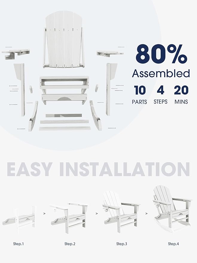 KINGYES Adirondack Rocking Chair Set of 2 with Retractable Ottoman and Cup Holders, HDPE Adirondack Rocker Patio Rocking Chair for Porch, Patio, Balcony, White