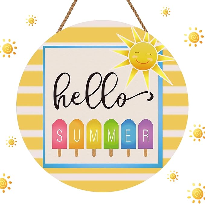 5ARTH Hello Summer Wooden Front Door Hanger Sign Hanging Sun Wall Decorations Porch Decor Home Garden Farmhouse Indoor Outdoor Wall Hanging Decoration