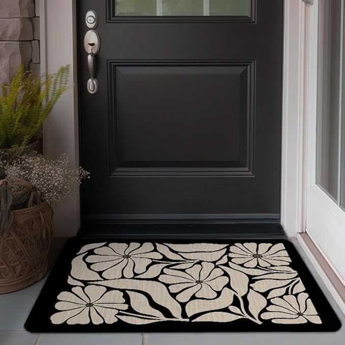 Boho Beige and Black Floral Door Mat - Bohemian Neutral Floral Front Door Welcome Mats Outdoor Entrance, 17x30 Rug